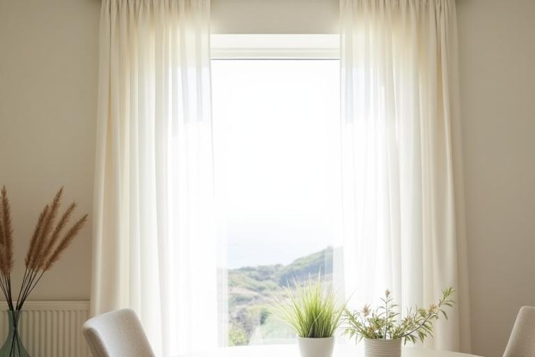 A bright, airy living space in a coastal home in Cork, featuring sheer, elegant Textilia curtains fluttering gently in the breeze.