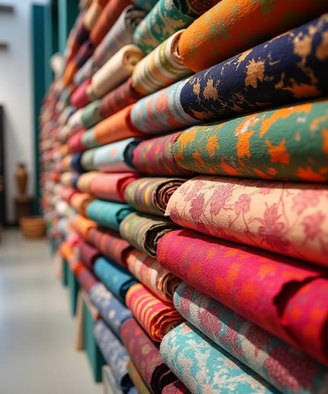 A collection of colourful, neatly rolled textile bolts of various patterns and fabrics, stacked in a vibrant design studio showroom.